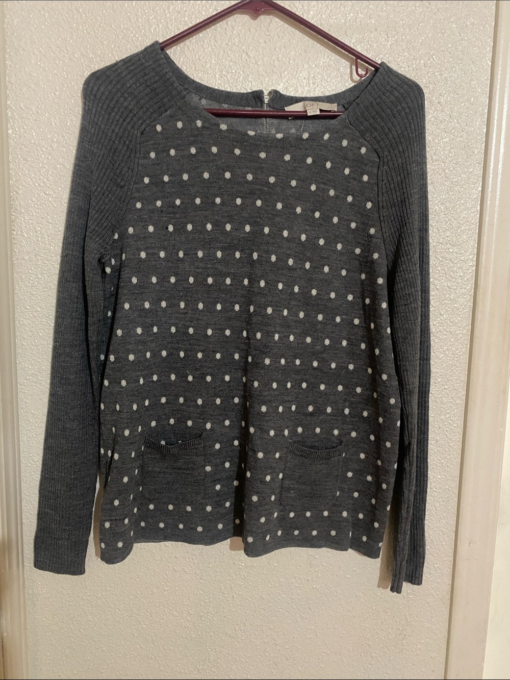 LOFT Charcoal Gray Polka Dot Crewneck Sweater